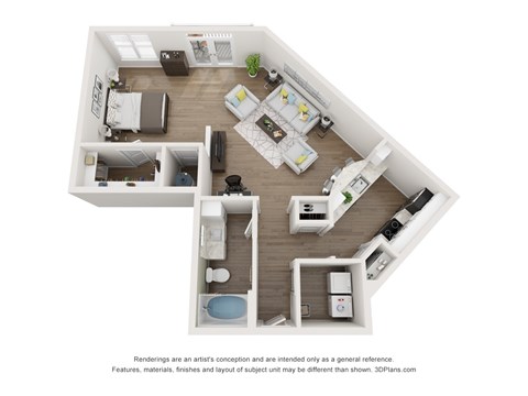 A 3D floor plan of a small apartment with a kitchen, living room, and bedroom.